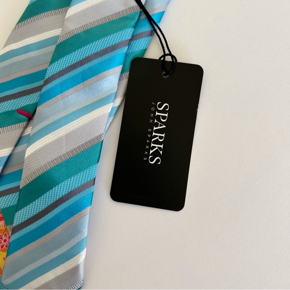 JOHN SPARKS MULTICOLORED STRIPED NECKTIE, POCKET SQUARE AND TIE CHAIN NWT - Picture 11 of 14